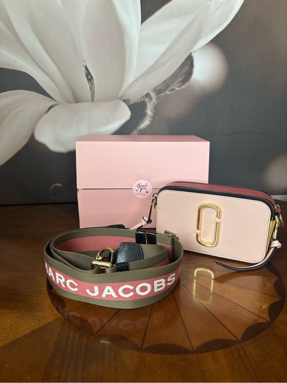 Marc Jacobs Pink and Olive Snapshot Camera Crossbody with Branded Strap